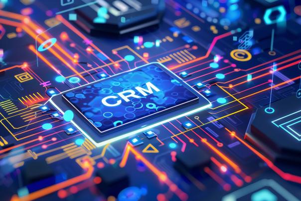 A digital circuit board graphic with a central chip labeled CRM surrounded by colorful data pathways.