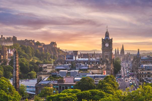 A photo of the Edinburgh, Scotland skyline at dusk.