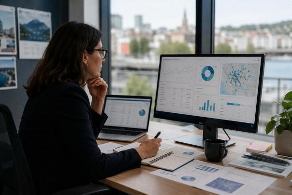 Person reviewing analytics dashboard with charts, map data, and reports at a desk in a modern office.