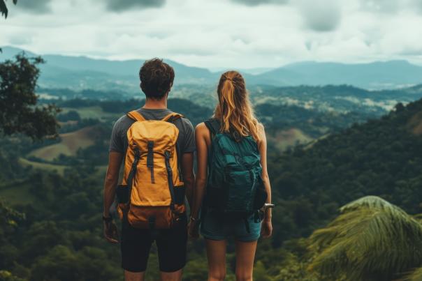 A couple dressed in hiking gear and wearing backpacks take a break at the top of a trail to take in a view of the woods, representing environmental stewardship and regenerative tourism.