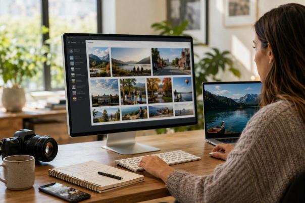 Person at a desk reviewing and organizing travel photos on a desktop monitor and laptop, with a camera, notebook, and smartphone in a bright workspace.