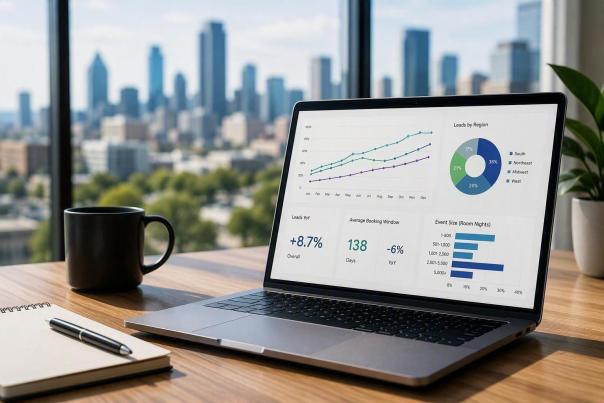 Laptop displaying business analytics dashboards on a desk by a window, with city skyline, notebook, coffee mug, and plant in view.