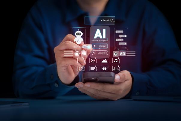 AI and other SEO icons overlay an image of a person holding out their hands.