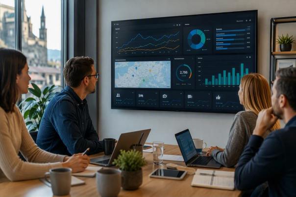 Team meeting reviewing a data analytics dashboard with charts, maps, and performance metrics on a large display screen.