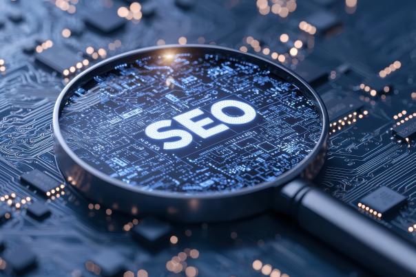 SEO illuminated beneath a magnifying glass on a digital circuit board, representing the invisible technical layers that support online discoverability.