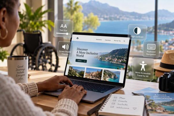 Person using an accessible travel website with text size, high contrast, screen reader and keyboard navigation features.