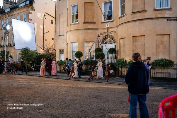 Actors dressed in Regency costume on the set of Bridgerton in Bath
