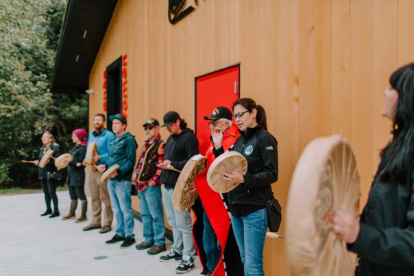 Skagway Traditional Council Drums at Beau Dennis Art Unveiling at Shoreline Park