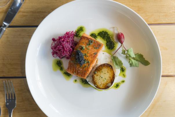Colorful plate of food with salmon at Hotel San Luis Obispo