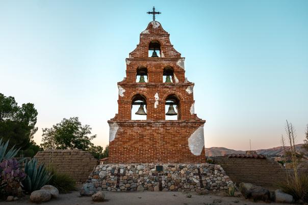 View of the historic bell tower of the San Miguel Archangel Mission in San Miguel, San Luis Obispo County, California