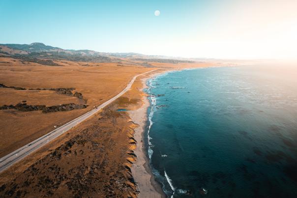 Aerial view of Highway 1 and coastline in San Simeon