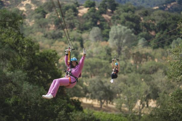 Two people ziplining through the oak trees