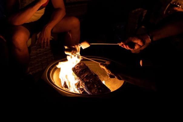 People roasting s'mores over the fire pit