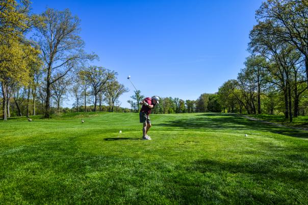 Man golfing on green grass.