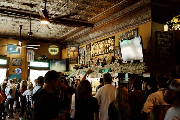 Lively crowd inside Corby’s Irish Pub, one of South Bend’s best-known gathering spots.