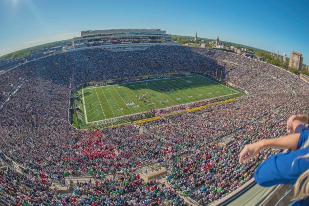 An aerial view of Notre Dame football stadium on gameday
