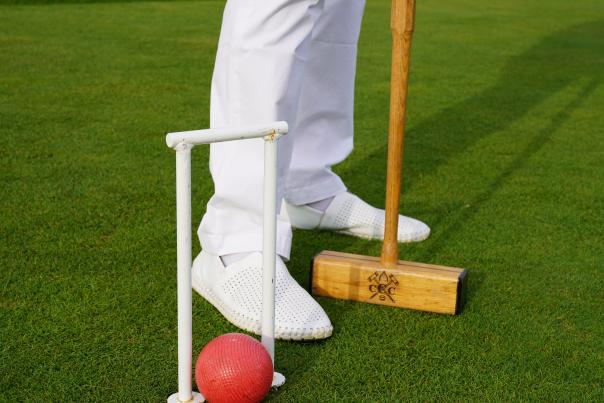 Feet with wicket and ball and mallet