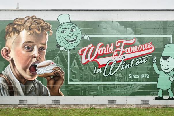 Mural of a boy at Winton Bakery