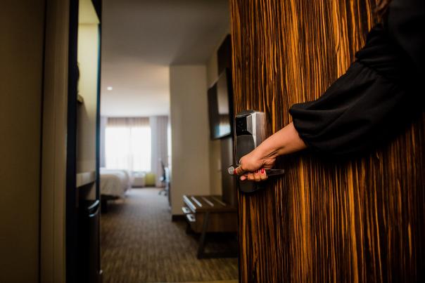 woman entering hotel