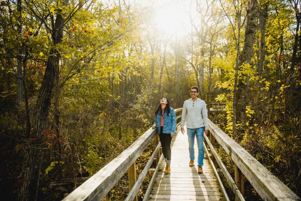 Two people walk along a wooden boardwalk through a sunlit forest with fall leaves glowing around them.