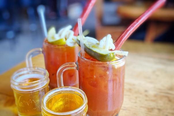 Two bloody mary's and chasers from Rusty's Saloon