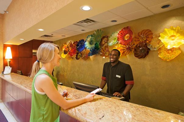 Front desk at University Plaza Hotel