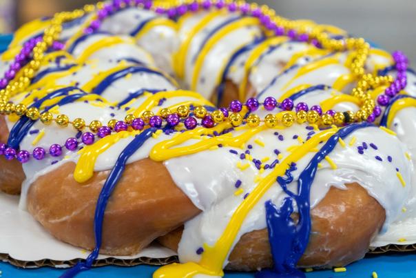 King Cakes with mardi gras beads