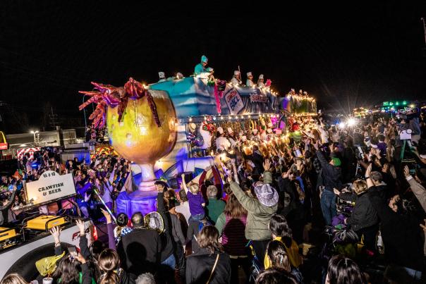 A crawfish-themed float in the Krewe of Eve Mardi Gras parade