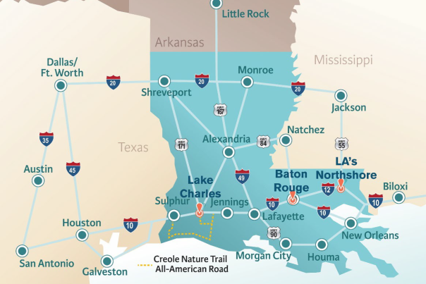 Map of Louisiana, group itinerary