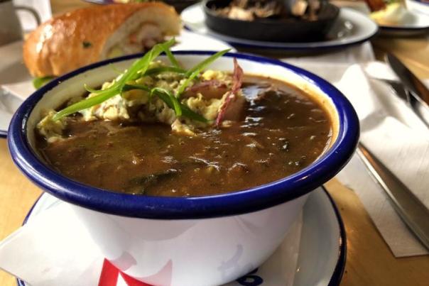Mandeville's Hambone Restaurant serves a dark roux gumbo.
