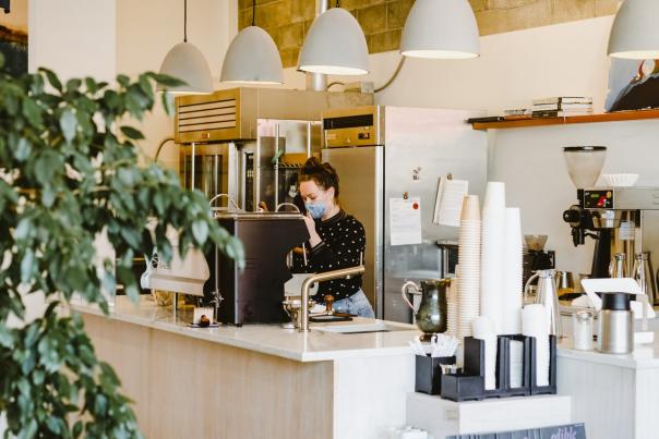 An interior shot looking towards the counter of the cafe.