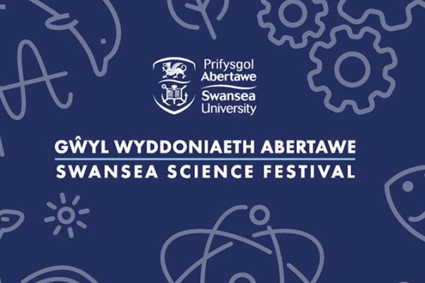 Image is of the Swansea university logo surrounded by science icons