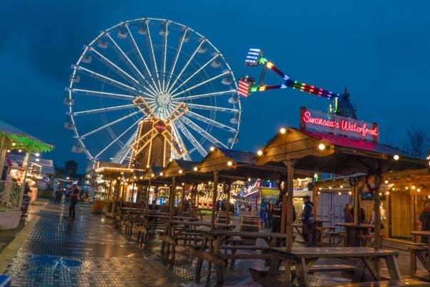 The big wheel lit up in the dark at Waterfront Winterland.