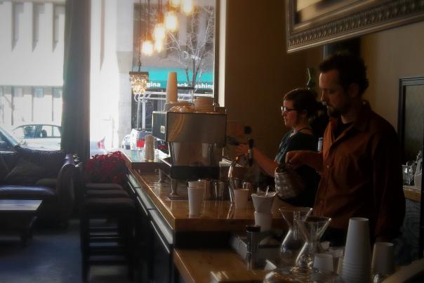 Workers Preparing Coffee Behind the Bar of Cafe Kubal