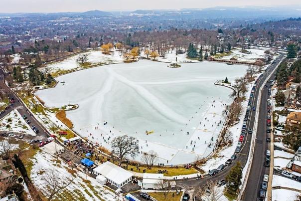 A drone shot of Hiawatha Lake for the annual Syracuse Pond Hockey Classic