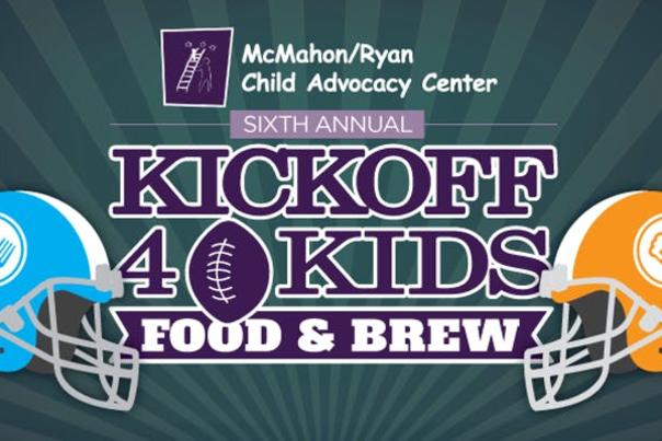 Text that says "Kickoff 4 Kids, Food & Brew" in purple text on a dark green vectored background with two football helmets on the side of the text.