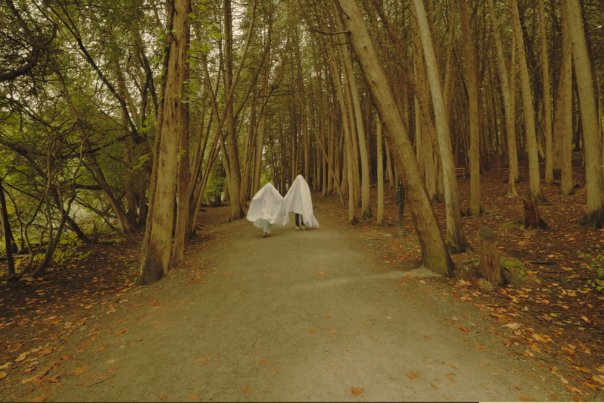 two people dressed as ghosts at Green Lakes state Park