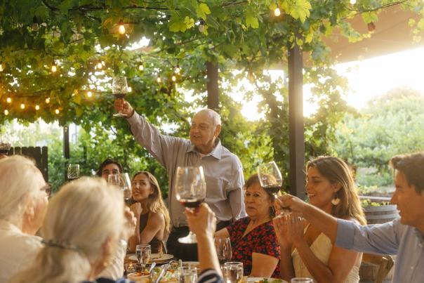 A group of people toast with wine glasses