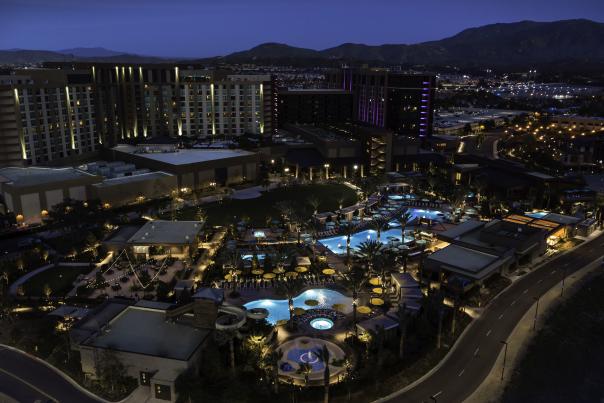 Aerial view of the Pechanga Resort Casino complex, at night