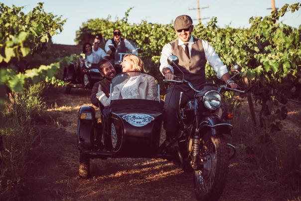 Several motorcycle sidecars drive through a vineyard