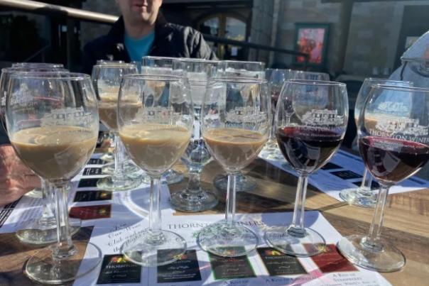 Several glasses of chocolate wine, close up