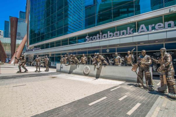 Public art sculptures of hockey players outside Scotiabank Arena