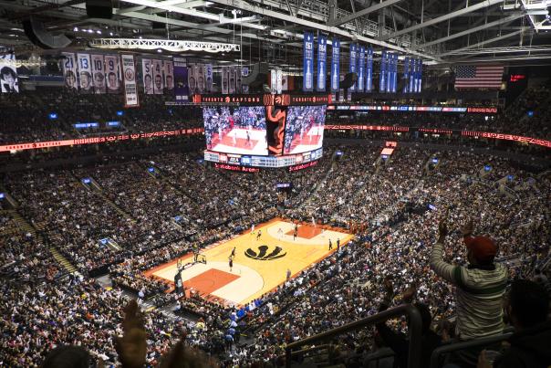 Toronto Raptors fans cheer on the team during a game at Scotiabank Arena