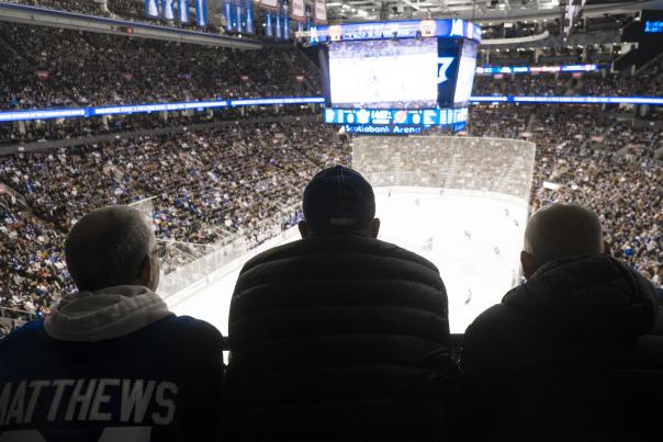 Fans of the NHL Toronto Maple Leafs cheer on the team at the Scotiabank Arena