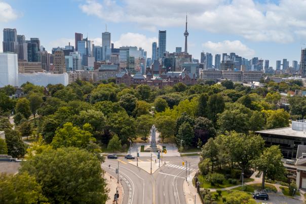 Aerial view of Queens Park and the Toronto skyline looking south from midtown.