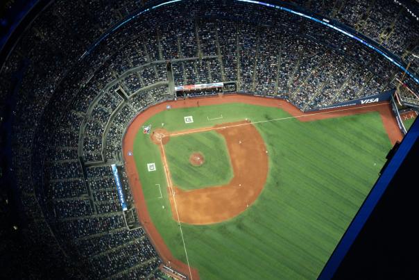 Blue Jays game at Rogers Centre in Toronto with open dome at night