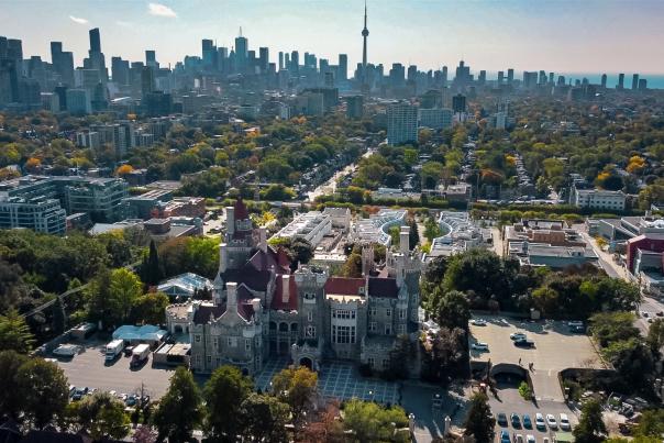 An arial view of Casa Loma and surrounding buildings in the city.
