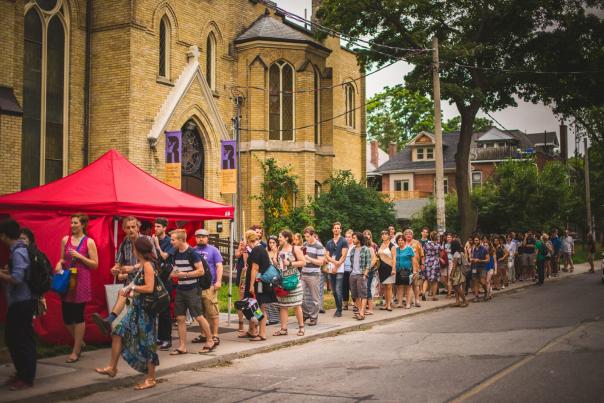 People lined up for the Randolf Theatre in Toronto for the Fringe Festival