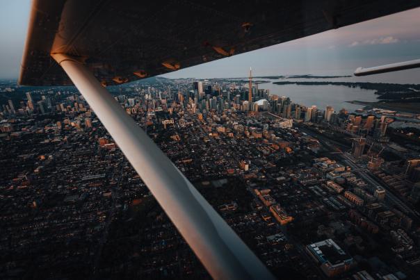 An aerial view of the Toronto skyline from an airplane