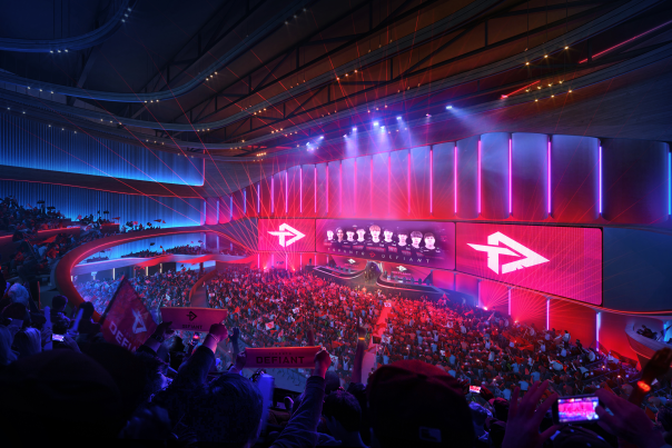 Esports Tournament auditorium crowd with stage in the background